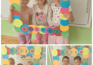 Kolaż złożony z trzech zdjęć. Na każdym dzieci pozują w fotoramce wykonanej z kolorowych kropek.