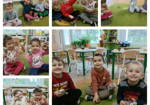 Kolaż 6 zdjęć. Na każdym dzieci trzymają w dłoni ciasteczko i misia z wełny.