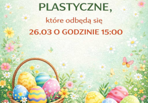 Plakat z grafiką motylków i koszyczków wielkanocnych
