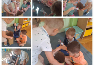 Chłopiec częstuje dzieci słodyczami z okazji swoich 5 urodzin