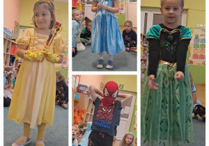 Dzieci w przebraniach postaci z bajek - Bella, Kopciuszek, Anna, Spider-Man