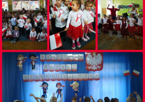 Kolaż zdjeć. Dzieci w strojach biało - czerwonych podczas przedstawienia.