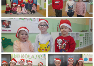 Kolaż zdjęc. Dzieci stoją w czapeczkach Mikołajowy i pozują.