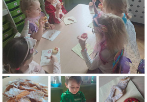 Dzieci siedzą przy stolikach i jedzą pączki i faworki