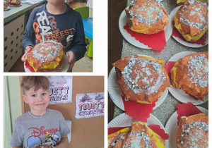 Dzieci prezentują do zdjęcia wykonane z papieru pączki / papierowe pączki wykonane przez dzieci