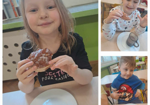Dzieci siedzą przy stoliku i jedzą pączki