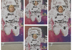 Kolaż zdjeć. Dzieci w fotobudce astronauta
