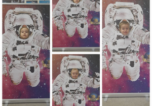Kolaż zdjeć. Dzieci w fotobudce astronauta