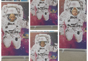 Kolaż zdjeć. Dzieci w fotobudce astronauta
