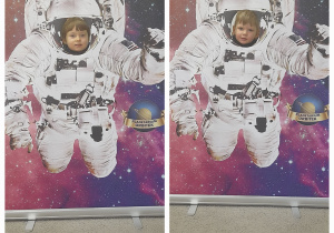 Kolaż zdjeć. Dzieci w fotobudce astronauta
