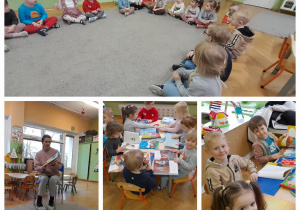 Dzieci siedzą przy stolikach i oglądają książki.