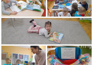 Dzieci siedzą przy stolikach i oglądają książki. Pudełeczko z zakładkami.