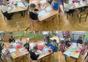 Kolaż zdjęć. Dziesi siedzą przy stolikach i wykonują prace plastyczne.