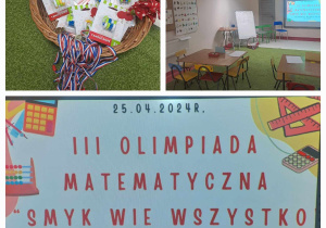 Grafika tematyczna na potrzeby III Olimpiady Matematycznej / kosz z nagrodami / stanowiska drużyn