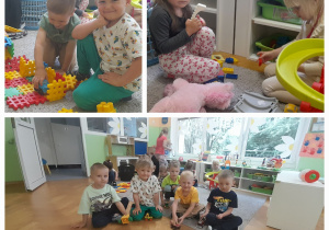 Kolaż zdjęc. Dzieci bawią sie zabawkami.