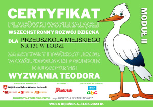 Certyfikat uzyskany przez przedszkole za udział w projekcie Wyzwania Teodora