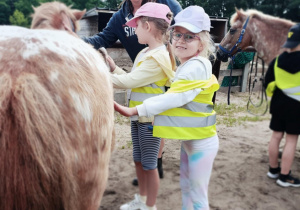 Dwie dziewczynki głaskają konia. Z tyłu stoi Pani przewodnik.
