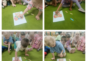 Kolaż 4 zdjęć. Na każdym zdjęciu jedno dziecko nakleja kolorowe plasterki na plansze z misiem. W tle widać dzieci.