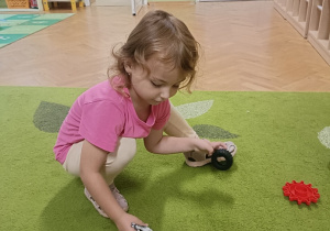 Dziewczynka w różowej bluzce klęka na dywanie. W ręce trzyma zwierzątko.