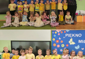 Dzieci wraz z nauczycielem stoją na tle dekoracji