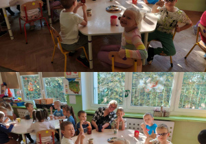 Kolaż zdjęć- nauczyciel siedzi z dziećmi przy stoliku
