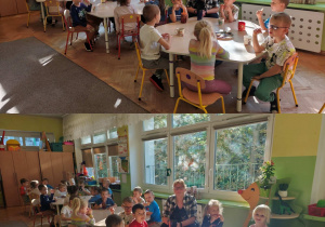 Kolaż zdjęć- nauczyciel siedzi z dziećmi przy stoliku