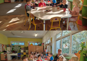 Kolaż zdjęć- nauczyciel siedzi z dziećmi przy stoliku