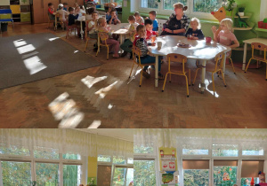 Kolaż zdjęć- nauczyciel siedzi z dziećmi przy stoliku