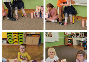 Kolaż zdjęć- dzieci składają życzenia koleżance oraz slodki poczęstunek przy stolikach