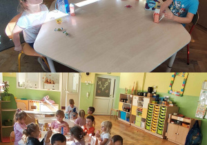 Dzieci siedzą przy stolikach i pozują do zdjęcia