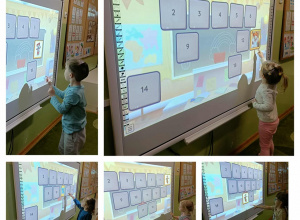 Kolaż pięciu zdjęć. Na każdym dziecko dotyka ekranu.