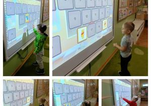 Kolaż 5 zdjęć. Na każdym dziecko dotyka ekranu.