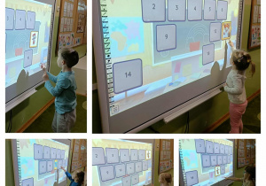 Kolaż 5 zdjęć. Na każdym dziecko dotyka ekranu.