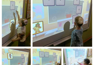 Kolaż 5 zdjęć. Na każdym dziecko dotyka ekranu.