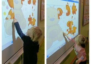 Kolaż dwóch zdjęć. Na każdym dziewczynka dotyka ekranu.