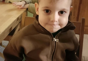 Chłopiec w brązowej bluzie uśmiecha się do zdjęcia.