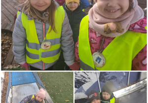 Dziewczynki trzymaja sie za rece i pozują do zdjęcia. Chłopcy zjeżdzają na pontonach.