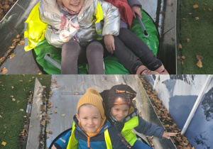 Dzieci zjeżdzają na pontonach.