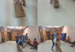 Kolaż zdjęć - dzieci wykonują cwiczenie przy ławeczce gimnastycznej