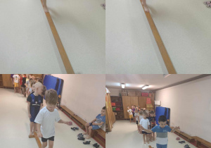 kolaż zdjęć - dzieci chodzą po ławeczce gimnastycznej