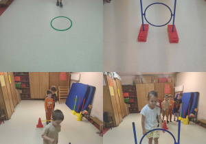 kolaż zdjęc - dzieci pokonują przygotowany tor przedszkód.