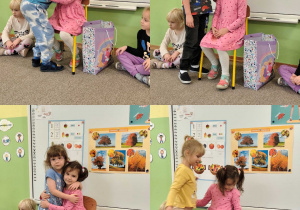 Kolaż zdjęć- dzieci składają życzenia koleżance.