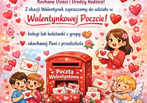 kartka zapełniona serduszkami z postacią kobiety i dzieci. Na srodku skrzynka na listy