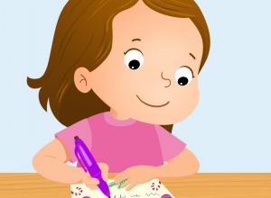 Dziecko w różowej bluzce siedzi przy stoliku i rysuje.