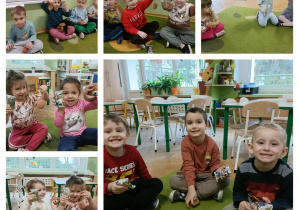 Kolaż 6 zdjęć. Na każdym dzieci trzymają w dłoni ciasteczko i misia z wełny.