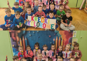 Dzieci pozują do wspólnego grupowego zdjęcia z napisem " kolorowe kredki"