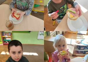 kolaż zdjęć - dzieci prezentują kanapeczki, które same przygotowały.