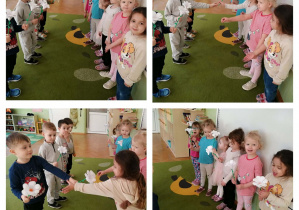 Kolaż 4 zdjęć. Na każdym chłopcy wręczają dziewczynkom białe kwiaty.