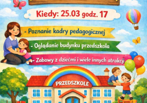 zdjęcie przedstawia kolorowy budynek przedszkola wraz z dziećmi.