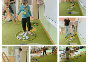 Kolaż 5 zdjęć. Dzieci pokonują ścieżkę sensoryczną.